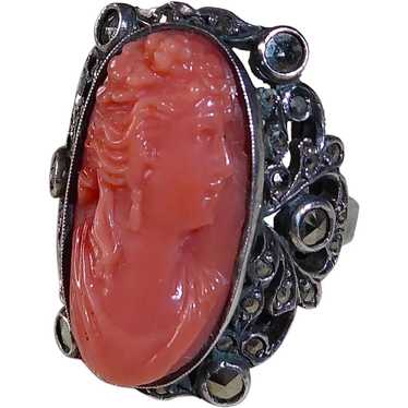 Art Deco Sterling Marcasite Ring w Handcarved Cora