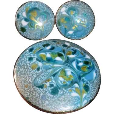 Copper Enamel Pin & Earrings Set c1950s - image 1