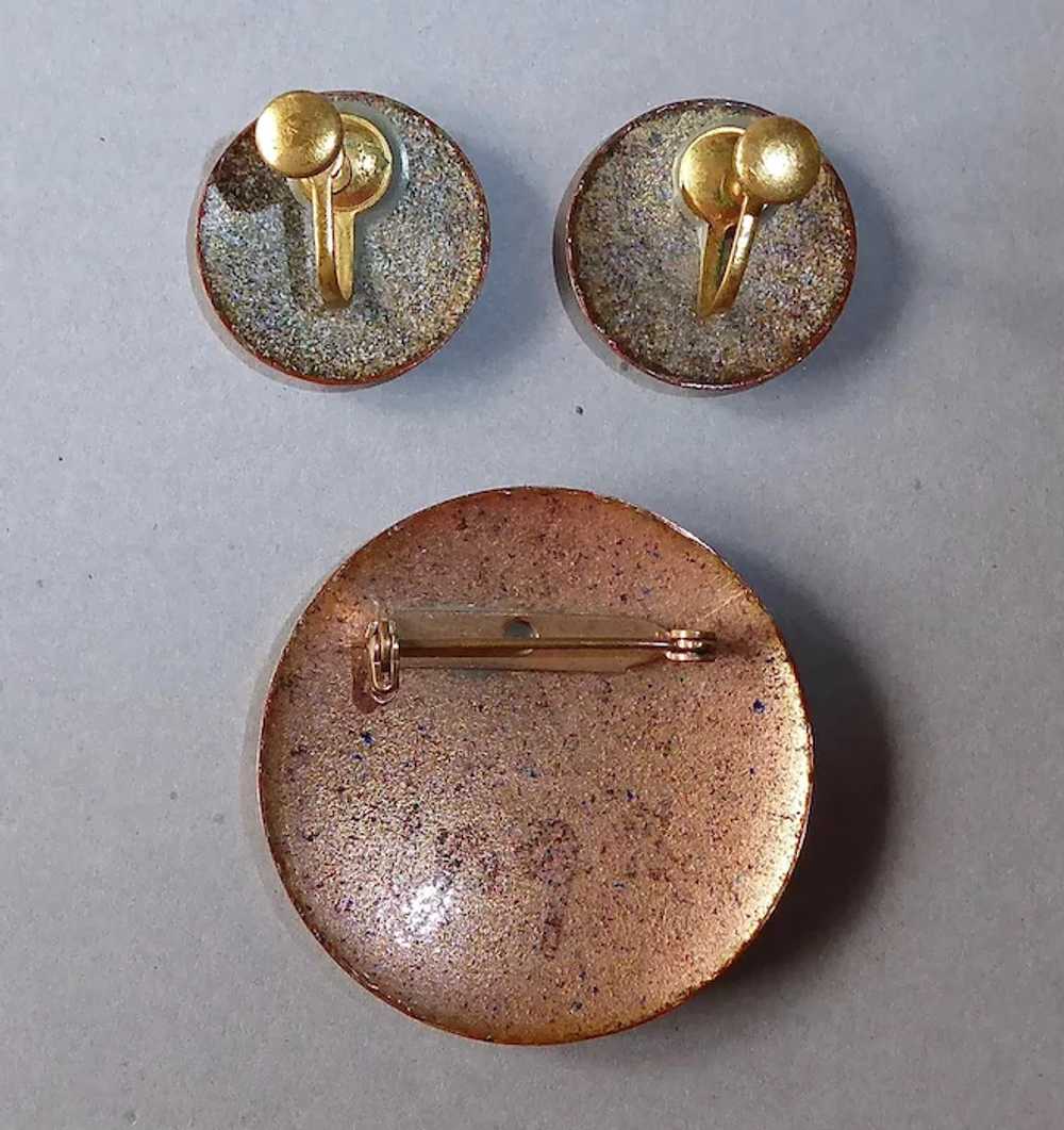 Copper Enamel Pin & Earrings Set c1950s - image 6