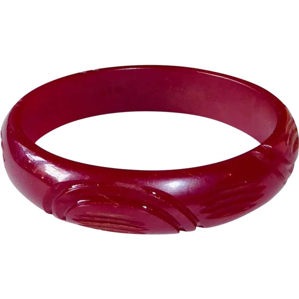 Carved Bakelite Bangle in Cranberry Red - image 1