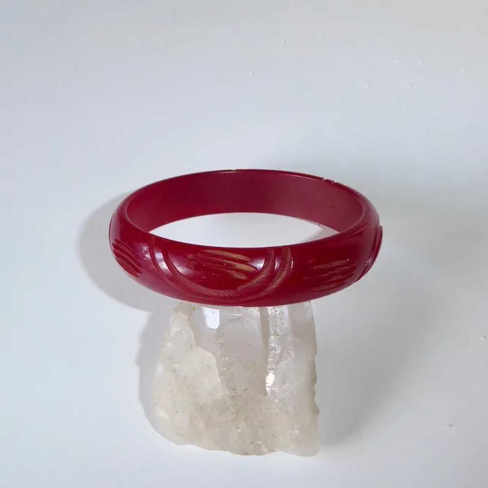 Carved Bakelite Bangle in Cranberry Red - image 5