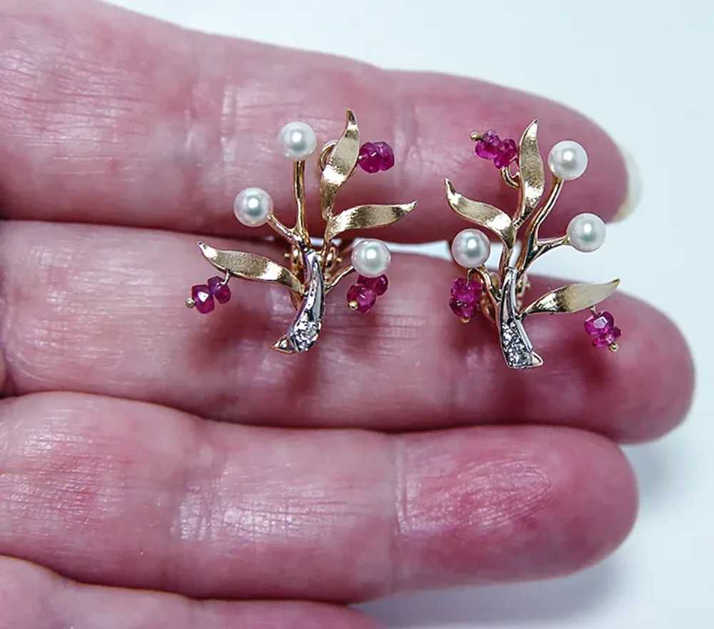 Vintage Diamond Ruby Akoya Pearl 14K Gold Earring… - image 2