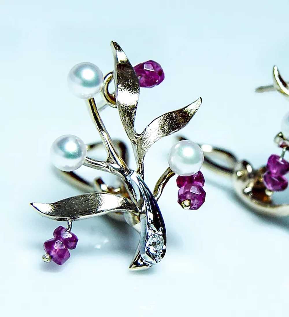 Vintage Diamond Ruby Akoya Pearl 14K Gold Earring… - image 3