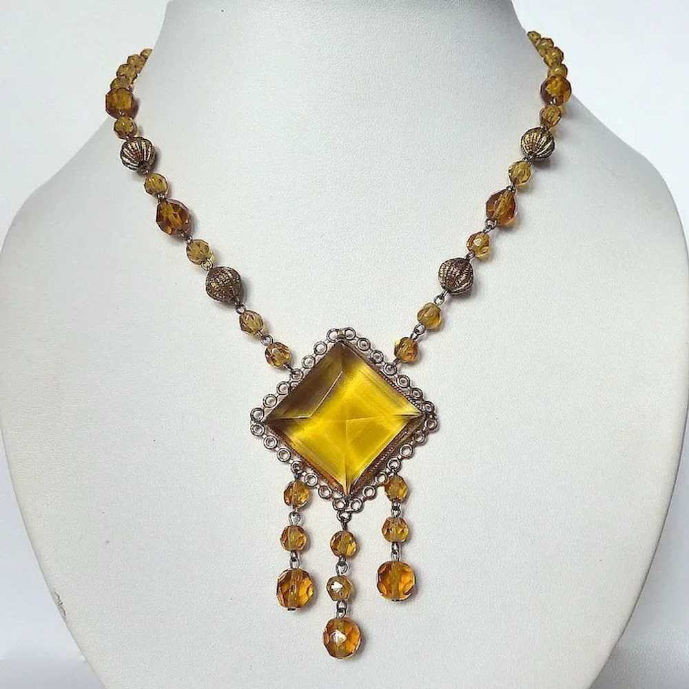 Edwardian amber glass metal drop offers necklace