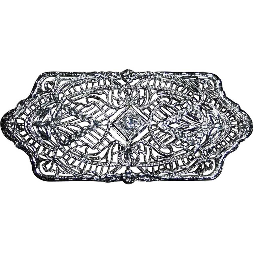 Art Deco 14k White Gold Filigree Pin - image 1