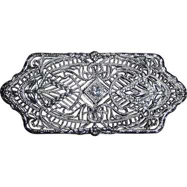 Art Deco 14k White Gold Filigree Pin - image 1