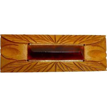 Vintage Art Deco Carved Wood & Bakelite Pin c1930s - image 1