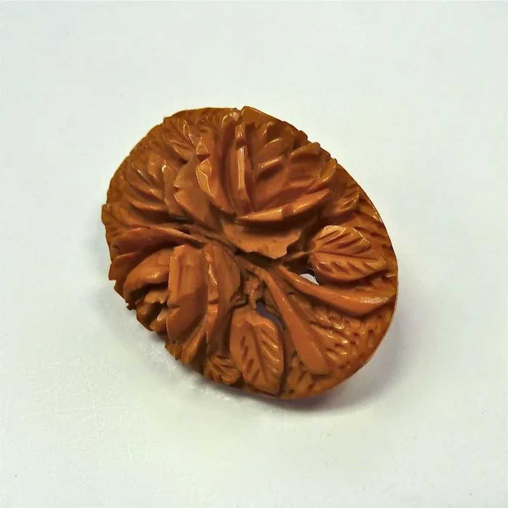 Carved Butterscotch Bakelite Rose Bouquet Pin - image 2