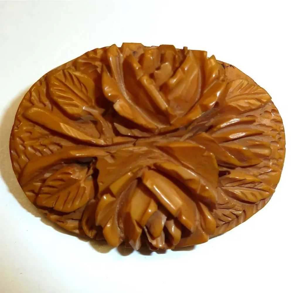 Carved Butterscotch Bakelite Rose Bouquet Pin - image 3