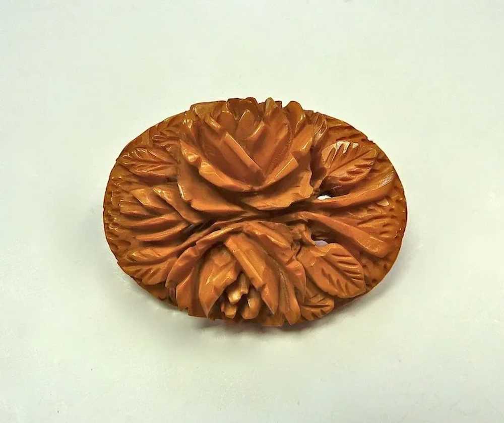 Carved Butterscotch Bakelite Rose Bouquet Pin - image 4