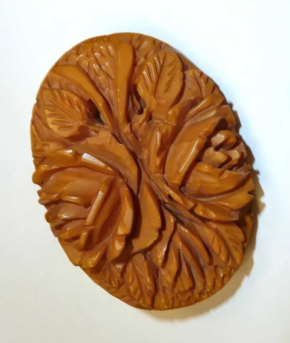Carved Butterscotch Bakelite Rose Bouquet Pin - image 6