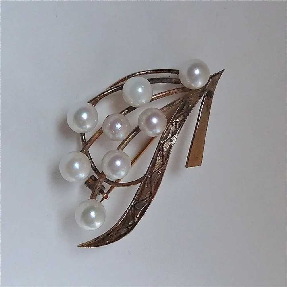Engraved Gold Wash Sterling Pin w Cultured Pearls - image 2