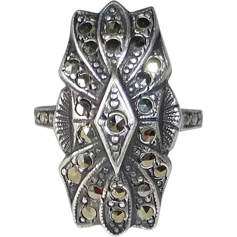 Art Deco Domed & Layered Sterling & Marcasite Ring - image 1