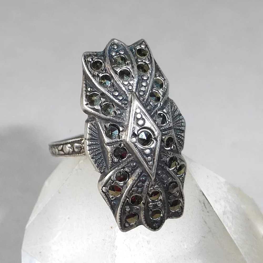 Art Deco Domed & Layered Sterling & Marcasite Ring - image 2