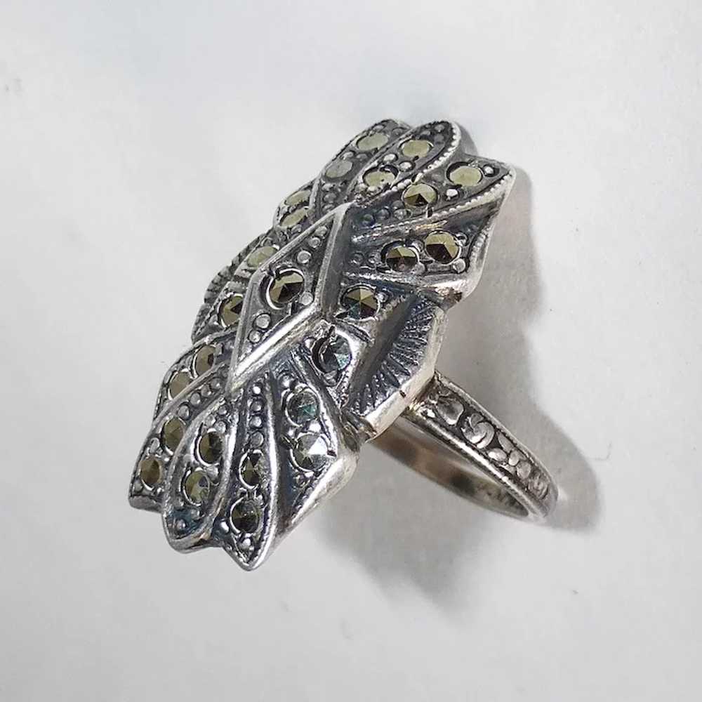 Art Deco Domed & Layered Sterling & Marcasite Ring - image 3