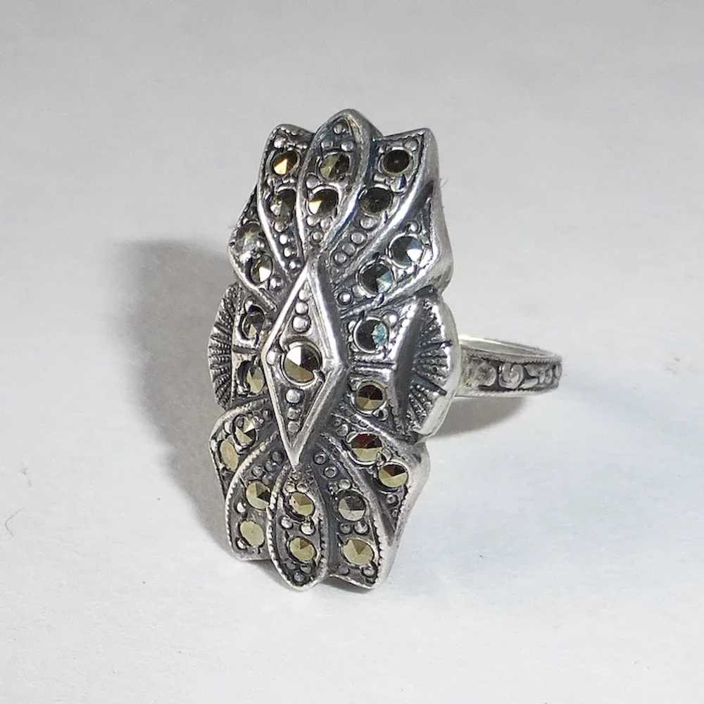 Art Deco Domed & Layered Sterling & Marcasite Ring - image 4