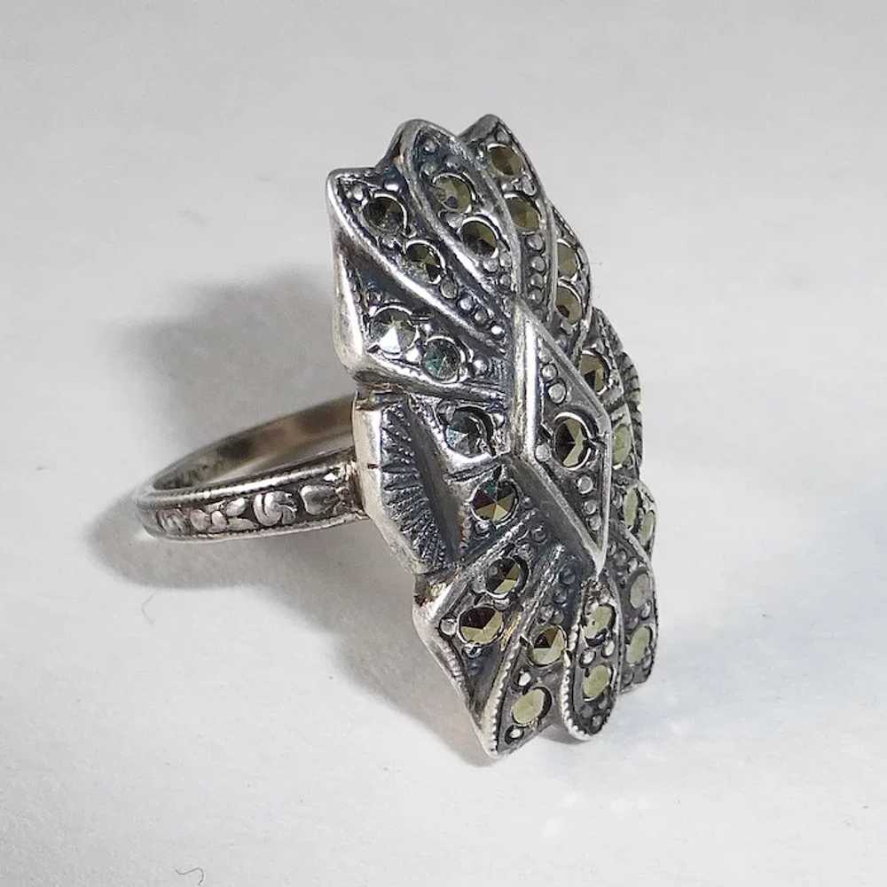 Art Deco Domed & Layered Sterling & Marcasite Ring - image 8