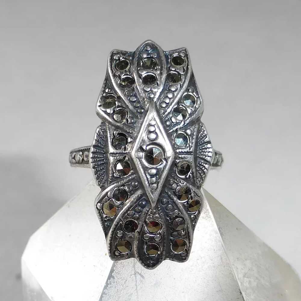 Art Deco Domed & Layered Sterling & Marcasite Ring - image 9