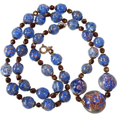 Murano Art Glass Bead Necklace Blue & Gold Stone Swirl