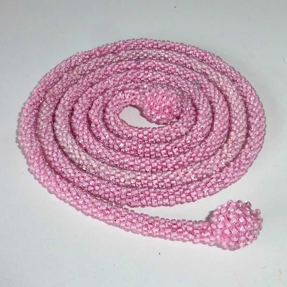 Flapper Woven Pink Glass Seed Beaded Rope Necklace - image 2