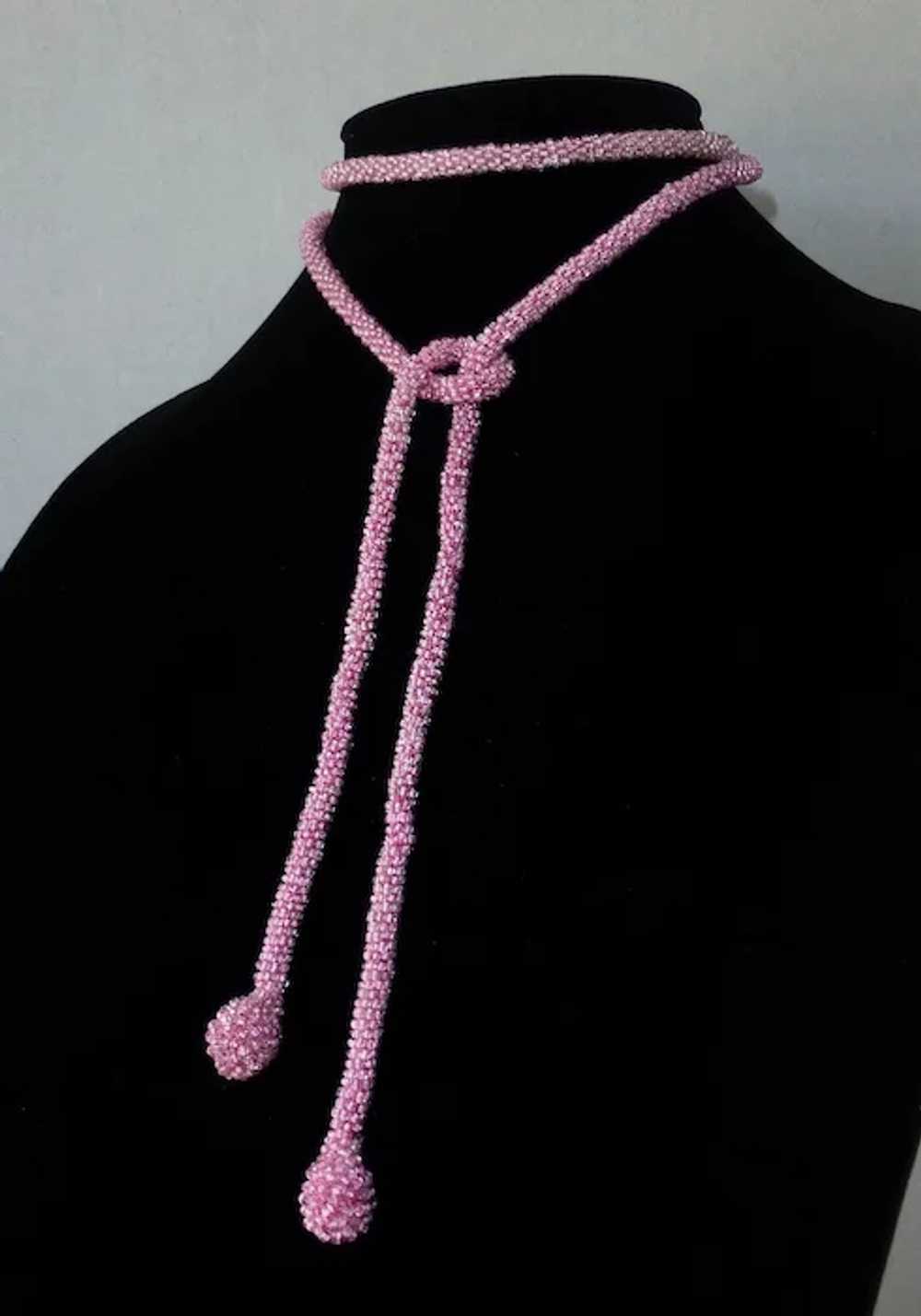 Flapper Woven Pink Glass Seed Beaded Rope Necklace - image 3