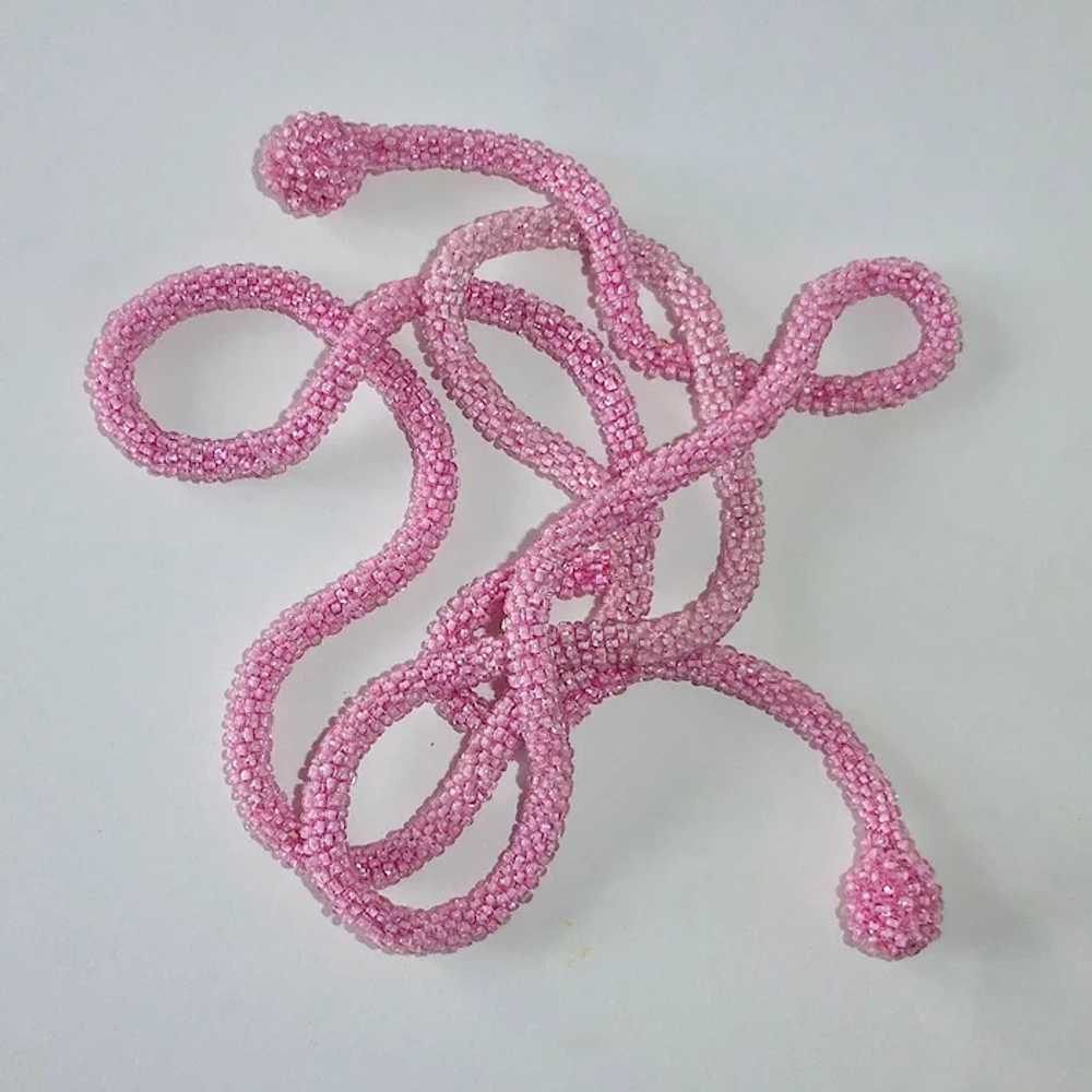 Flapper Woven Pink Glass Seed Beaded Rope Necklace - image 5