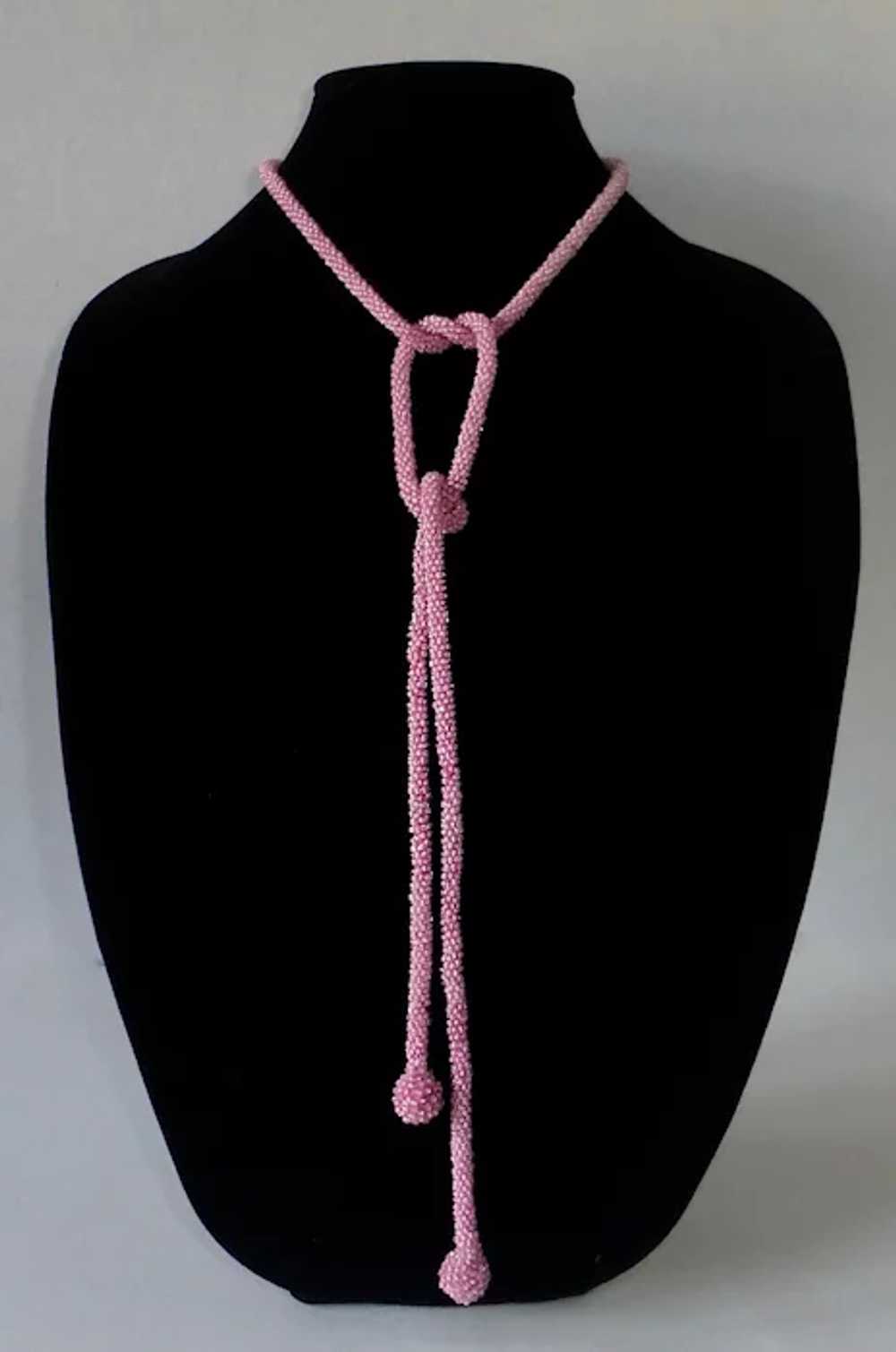 Flapper Woven Pink Glass Seed Beaded Rope Necklace - image 6
