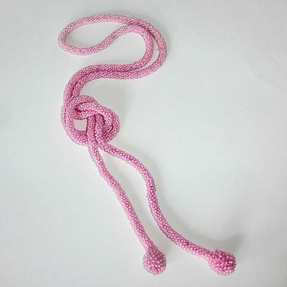 Flapper Woven Pink Glass Seed Beaded Rope Necklace - image 7