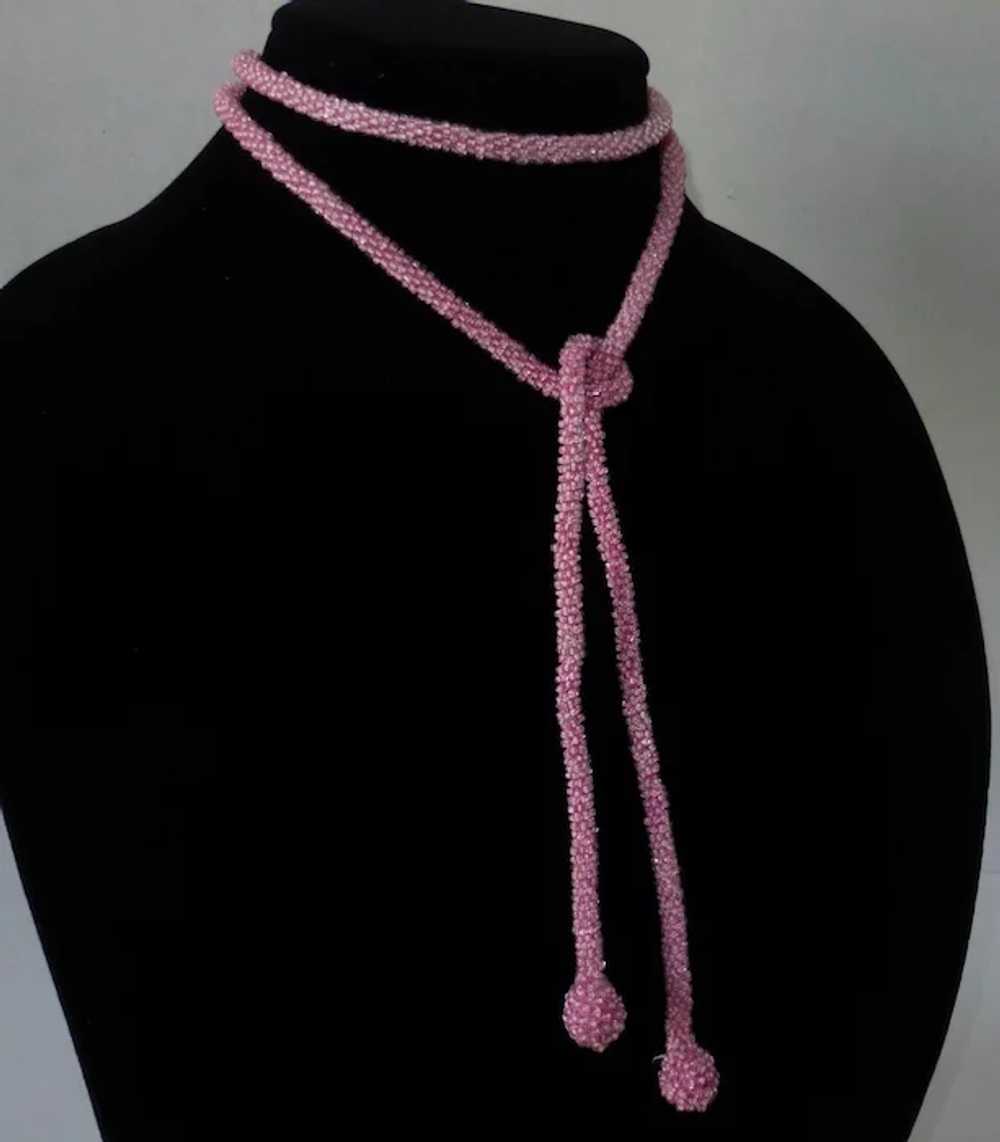 Flapper Woven Pink Glass Seed Beaded Rope Necklace - image 8