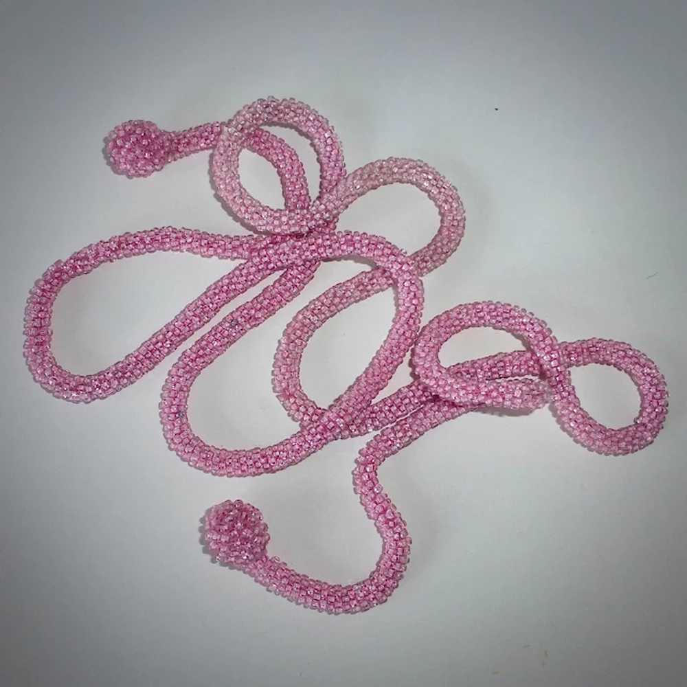 Flapper Woven Pink Glass Seed Beaded Rope Necklace - image 9