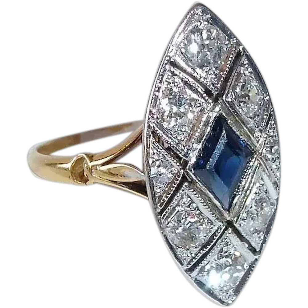 Art Deco 14k & Platinum Diamond & Sapphire Ring - image 1