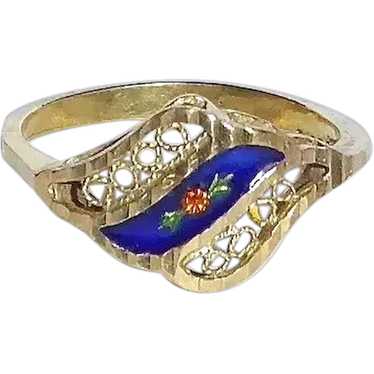 18k Yellow Gold Ring w Filigree & Enamel