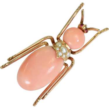 Antique Coral Pearl Ruby 14k Yellow Gold Brooch P… - image 1