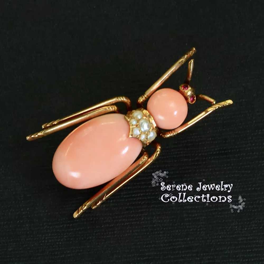 Antique Coral Pearl Ruby 14k Yellow Gold Brooch P… - image 4