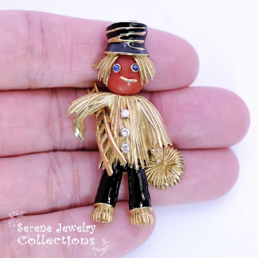 Sapphire Diamond 18k Solid Gold Scarecrow Brooch … - image 5