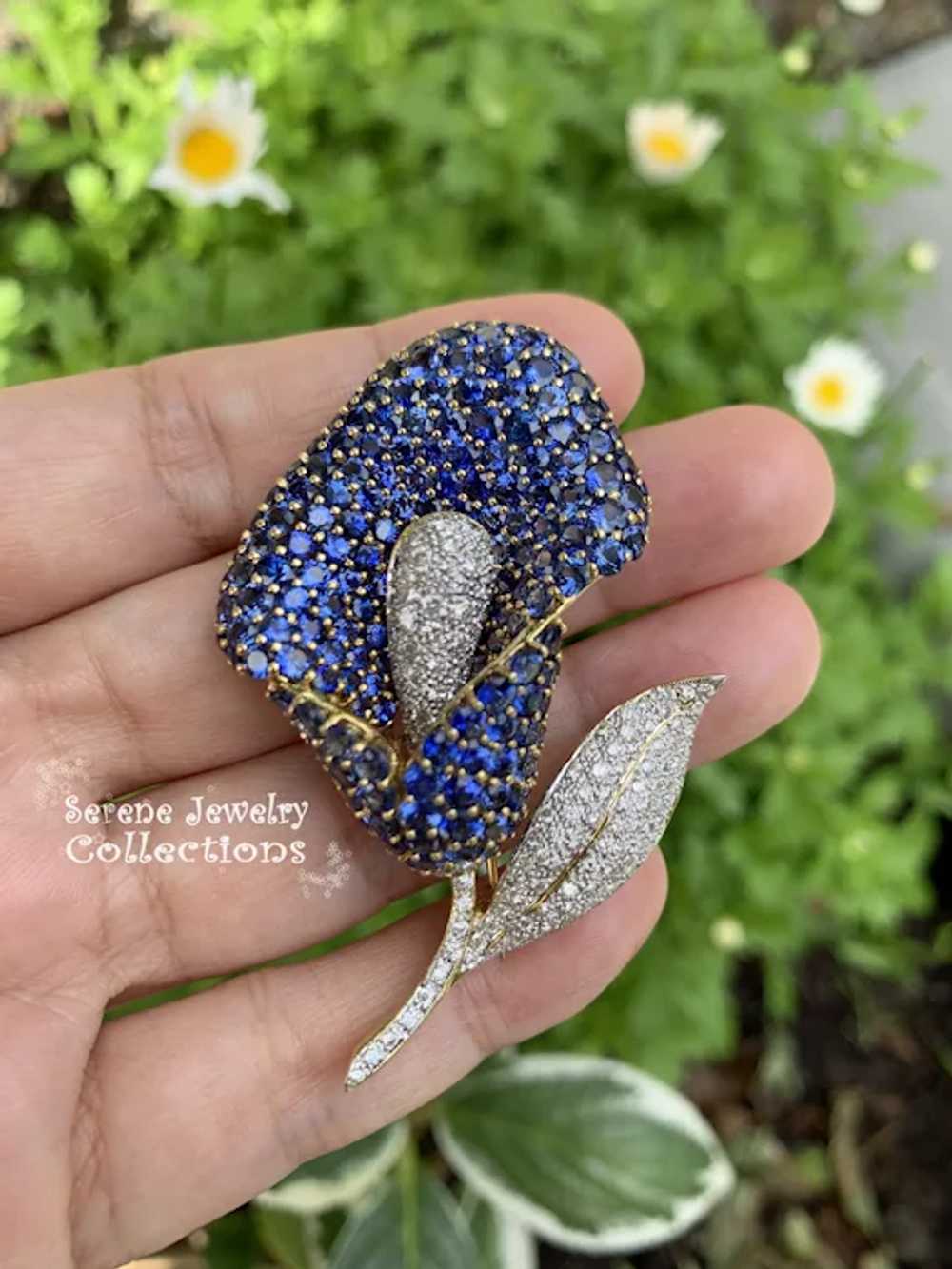 Blue Sapphire Diamond 18k Solid Gold Calla Lily F… - image 11