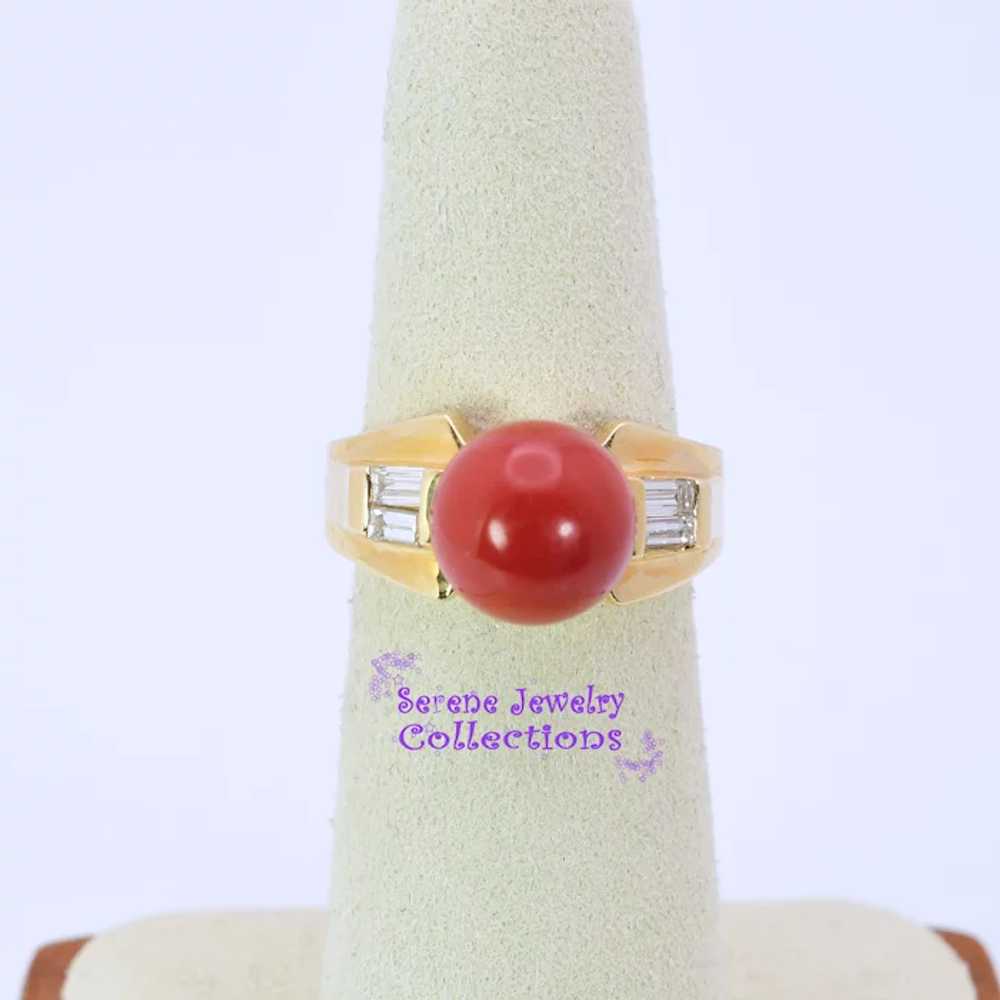 Oxblood Red Coral Diamond 14k Yellow Gold Ring Si… - image 3