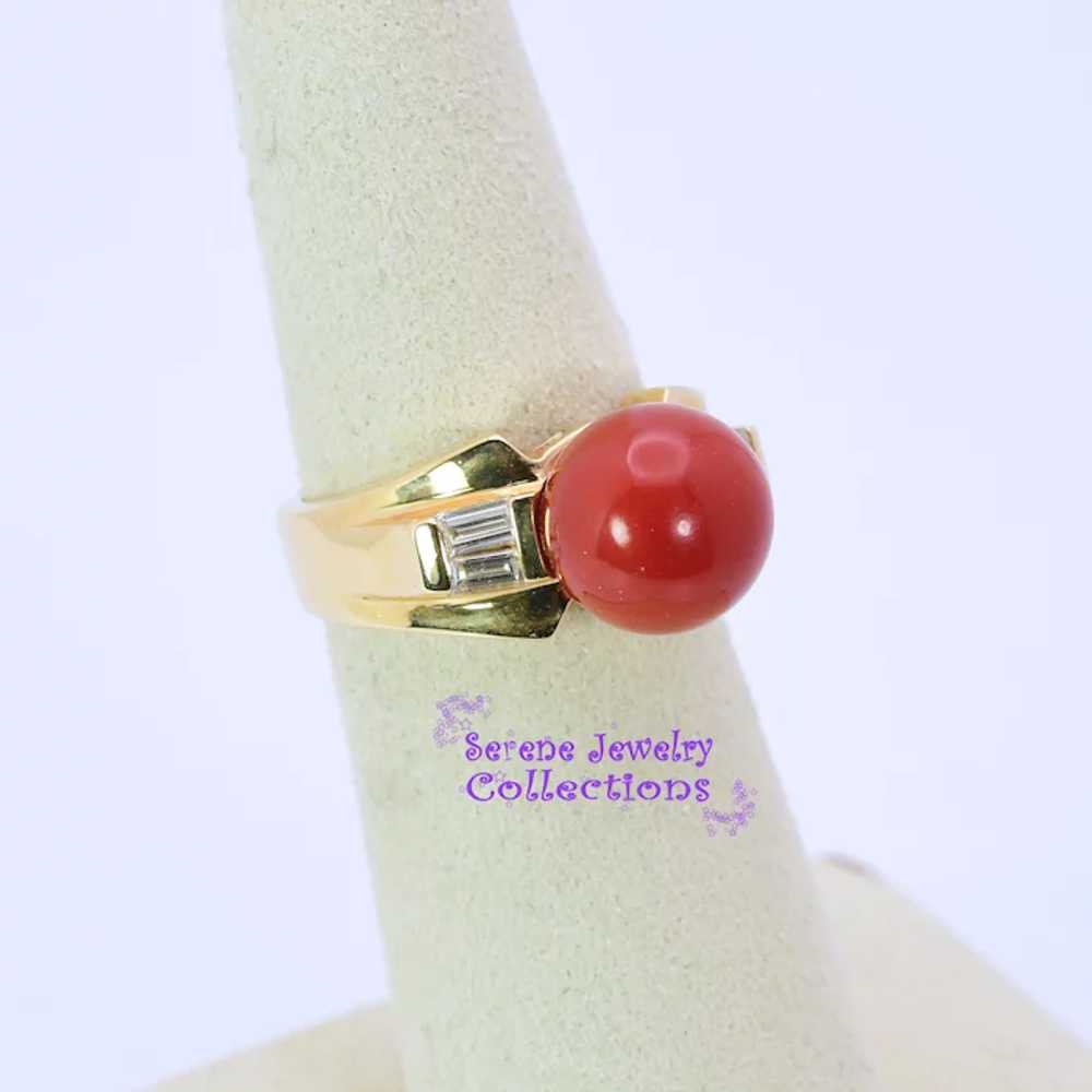 Oxblood Red Coral Diamond 14k Yellow Gold Ring Si… - image 5