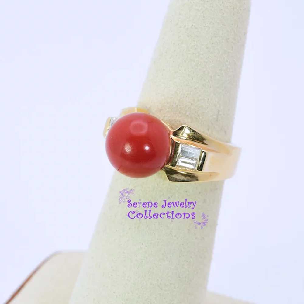 Oxblood Red Coral Diamond 14k Yellow Gold Ring Si… - image 7