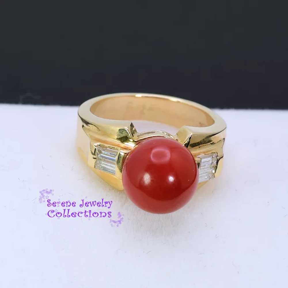 Oxblood Red Coral Diamond 14k Yellow Gold Ring Si… - image 9