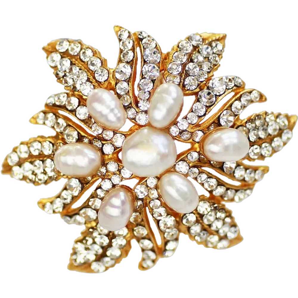 Siman Tu Flower Freshwater Pearl Rhinestone Brooch - image 1