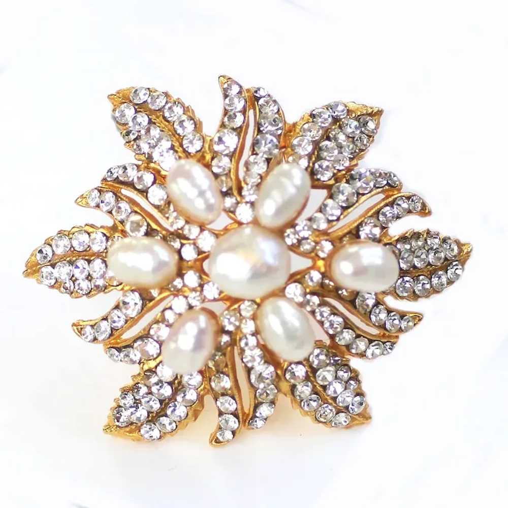 Siman Tu Flower Freshwater Pearl Rhinestone Brooch - image 2