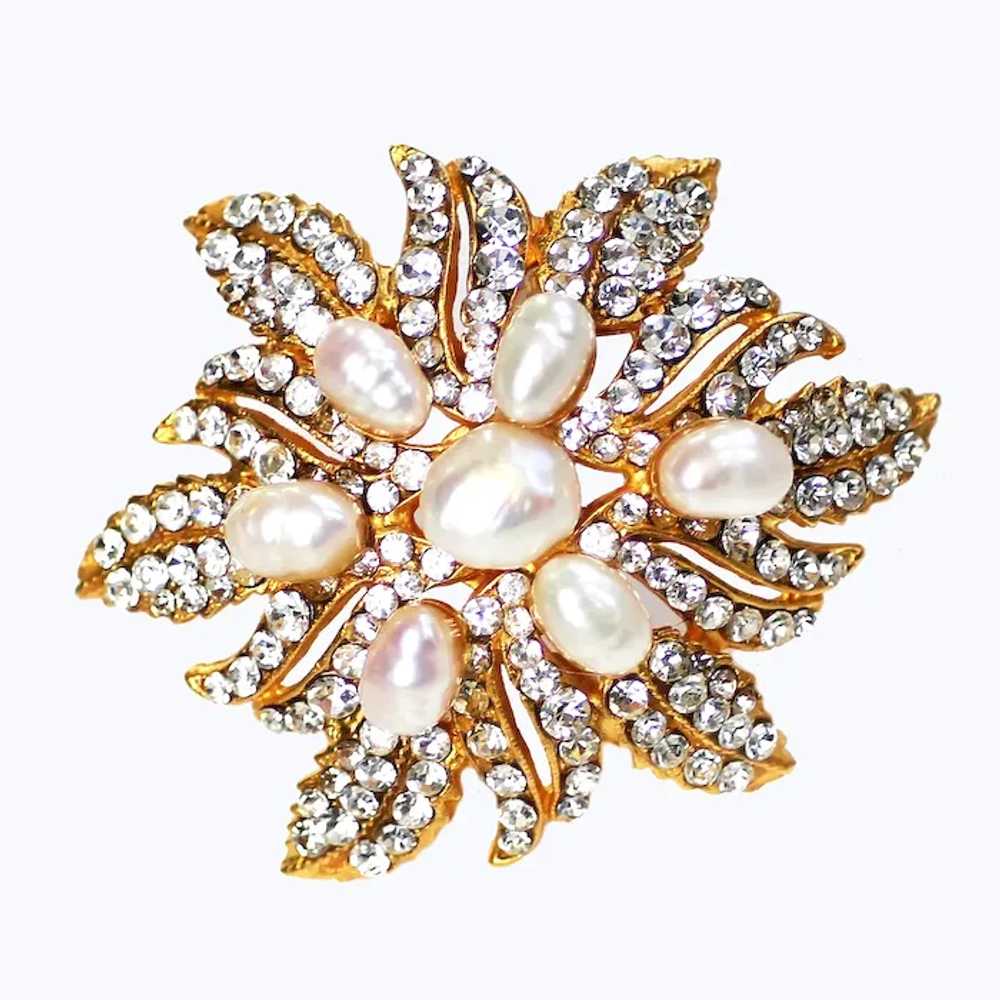 Siman Tu Flower Freshwater Pearl Rhinestone Brooch - image 3