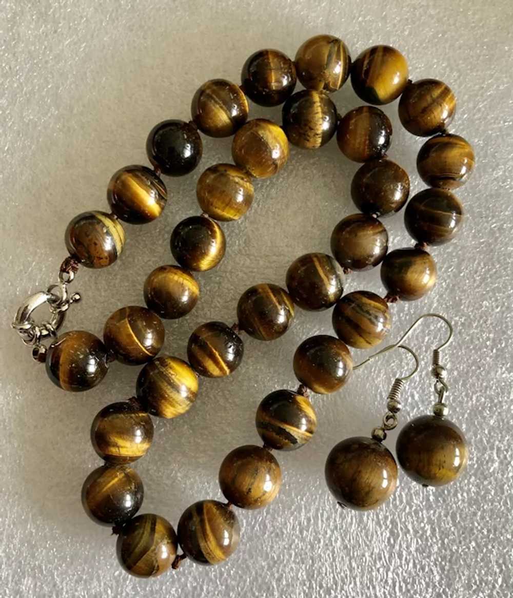 Vintage Hand Knotted Tiger Eyes Beaded Necklace a… - image 2