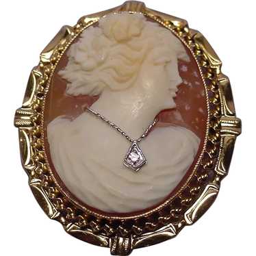 Beautiful Antique 10k Gold & Diamond Cameo Brooch