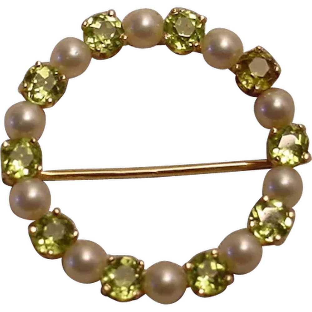 Exquisite Vintage 14k Peridots & Pearls Circle Br… - image 1