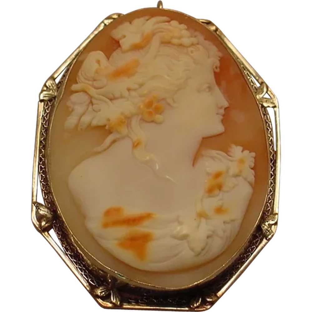 Very Large Antique 14k Gold Shell Cameo Pendant/B… - image 1