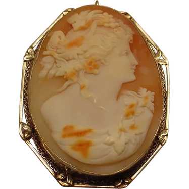 Very Large Antique 14k Gold Shell Cameo Pendant/Br