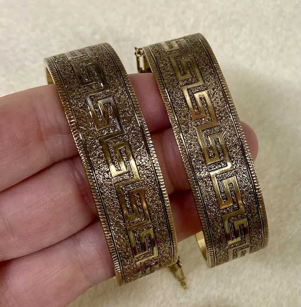 WIDE Victorian BANGLE BRACELETS - 14K Gold / Gree… - image 10