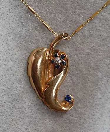 Retro PENDANT & CHAIN - 14K Gold, Sapphires, Diamo